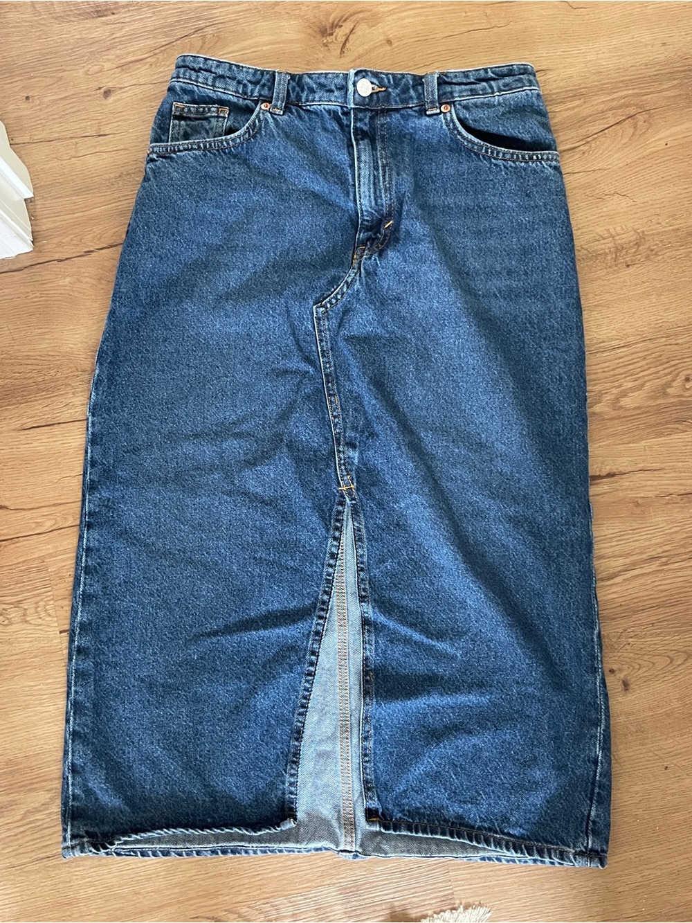 Monki Blue Straight-Leg Denim Skirt with Front Slit